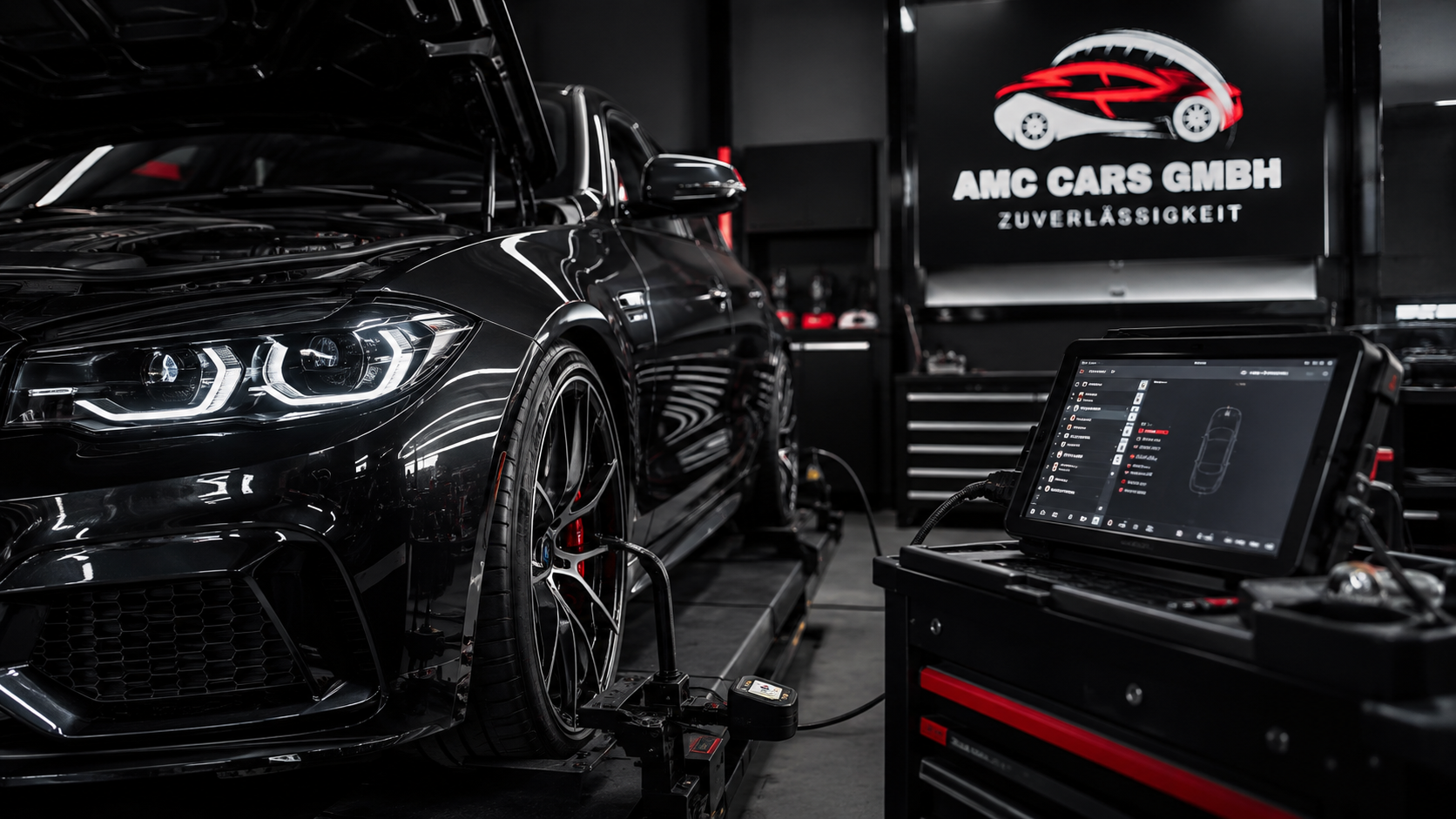 Diagnosetechnik: Techniker mit Tablet an einem Performance-Fahrzeug